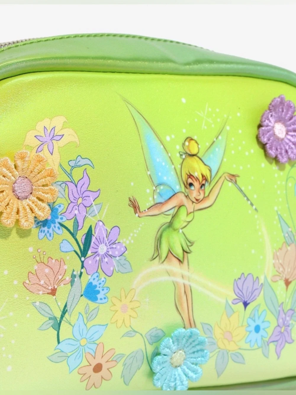 LOUNGEFLY DISNEY TINKER BELL IRIDESCENT GREEN FLORAL COSMETIC BAG NWT